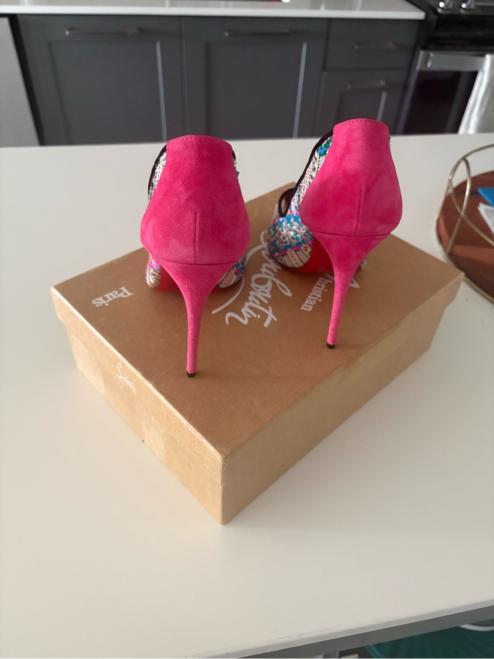 Christian Louboutin Multicolor Tweed Pointed Toe Pumps with Pink Heel - Picture 3 of 5